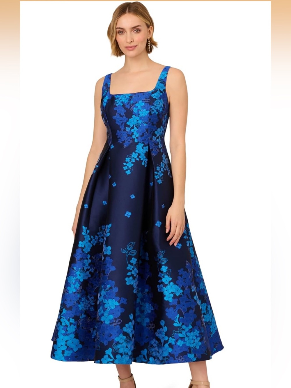 Adrianna Papell Navy Midi Dress with Bright Blue Floral Jacquard